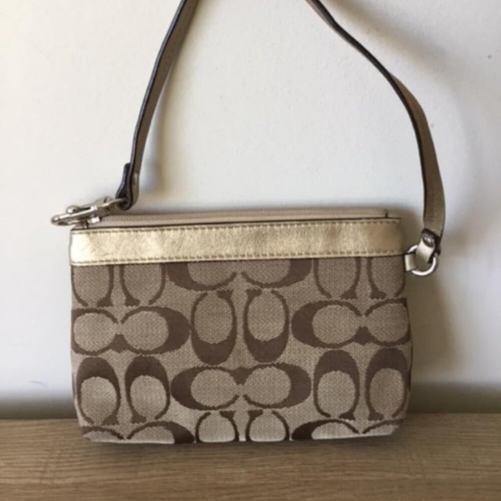 Coach Pleated Wristlet in Khaki and Tan Signature C Jacquard w/Gold Leather Trim - Picture 5 of 10